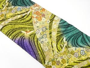 流水に桜・鶴模様織り出し　全通振袖用袋帯